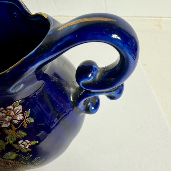 Vintage Cobalt Blue Pitcher creamer decorated with gold trim and two Peacocks - Picture 8 of 10